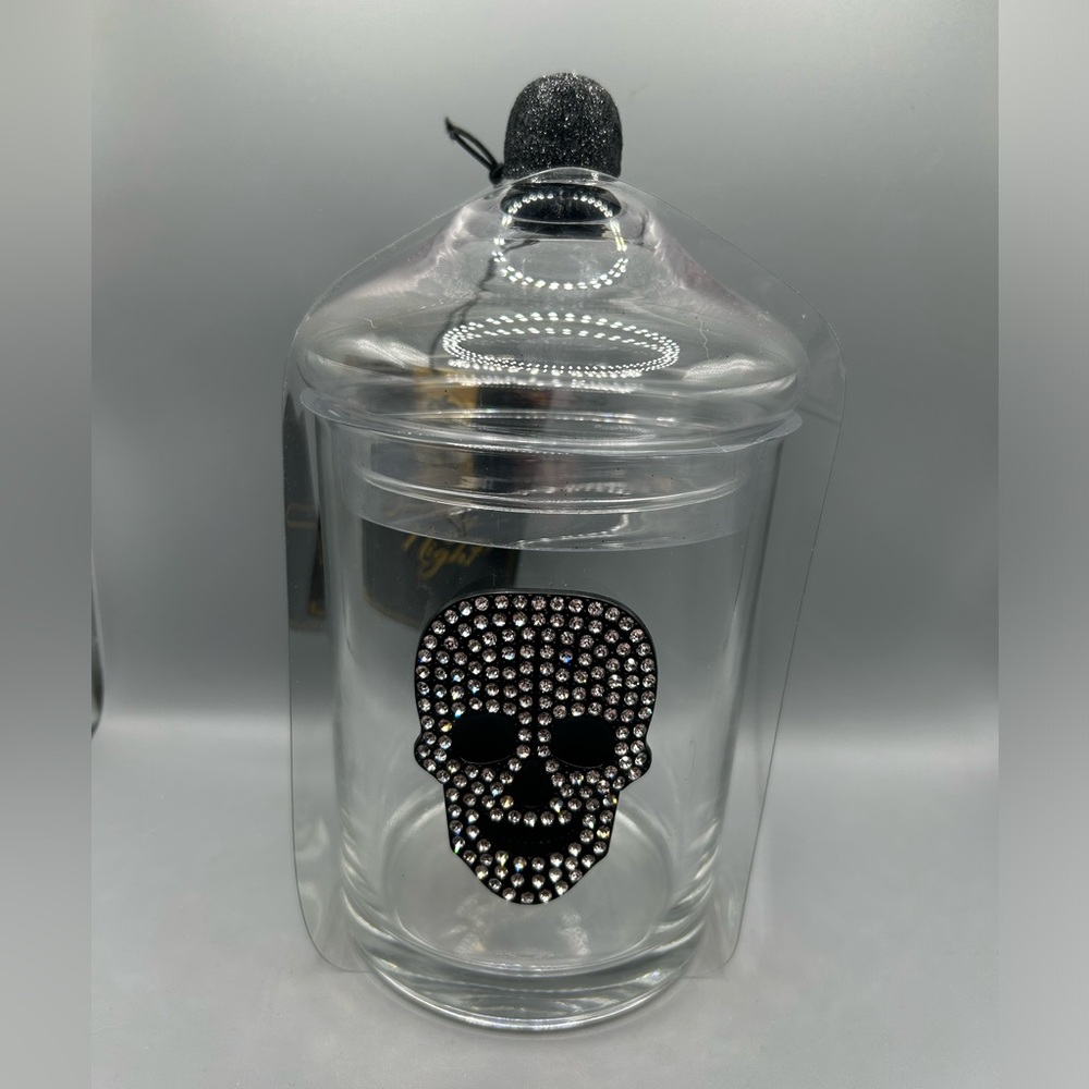 Spooky Night Rhinestone Skull Glass Candy Canister Halloween Makeup Holder NEW